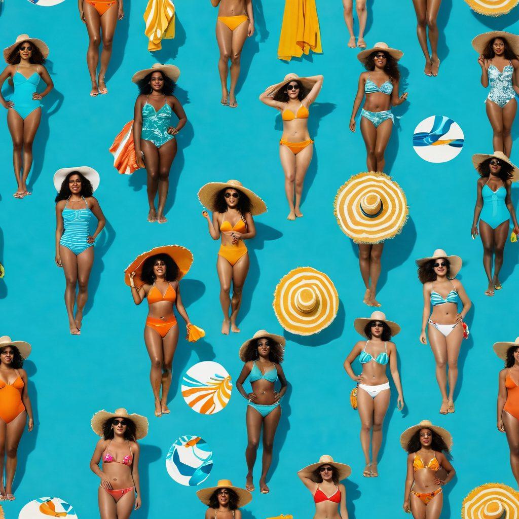 A sun-kissed beach scene featuring diverse women of different body types and ethnicities wearing vibrant, stylish swimwear for summer 2023. Incorporate playful beach accessories like wide-brim hats and colorful beach towels, while the turquoise waves and golden sand create a tropical vibe. The sky should be bright blue with fluffy white clouds in the background, radiating summer warmth. super-realistic. vibrant colors. sunny ambiance.