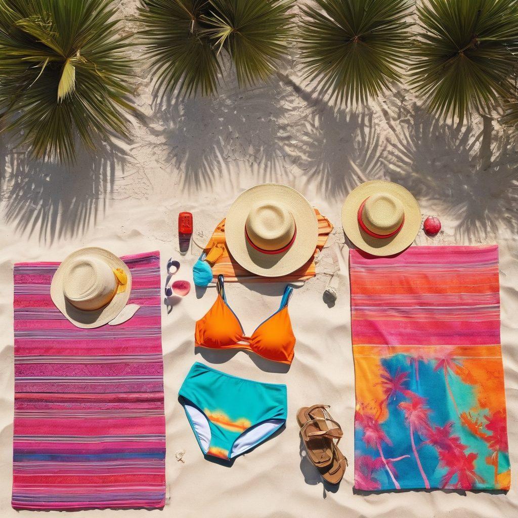 A vibrant beach scene featuring an array of stylish swimwear laid out on colorful towels. Include trendy bikinis, resort wear outfits, and stylish accessories like sun hats and sunglasses. The background should showcase a sunny sky and gentle waves, evoking a relaxed summer vibe. Add playful palm trees and beachgoers enjoying the sun to capture the essence of summer 2023. super-realistic. vibrant colors. beach setting.